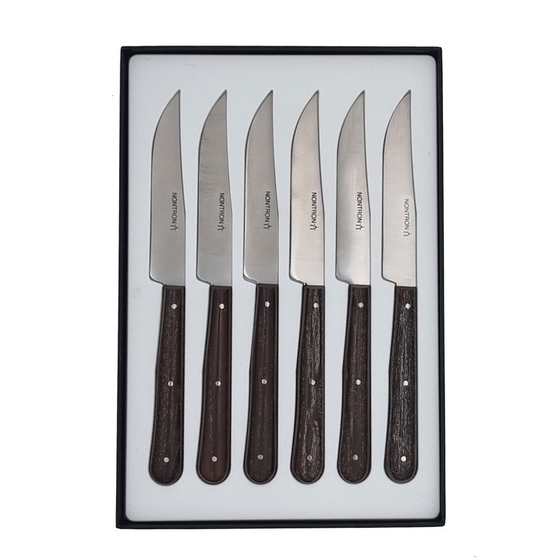 Coffret de 6 couteaux de table Nontron | frêne densifié, lame inox yatagan  10 cm
